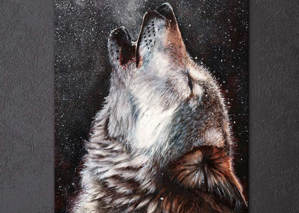 Tableau d'un loup qui hurle sous la neige