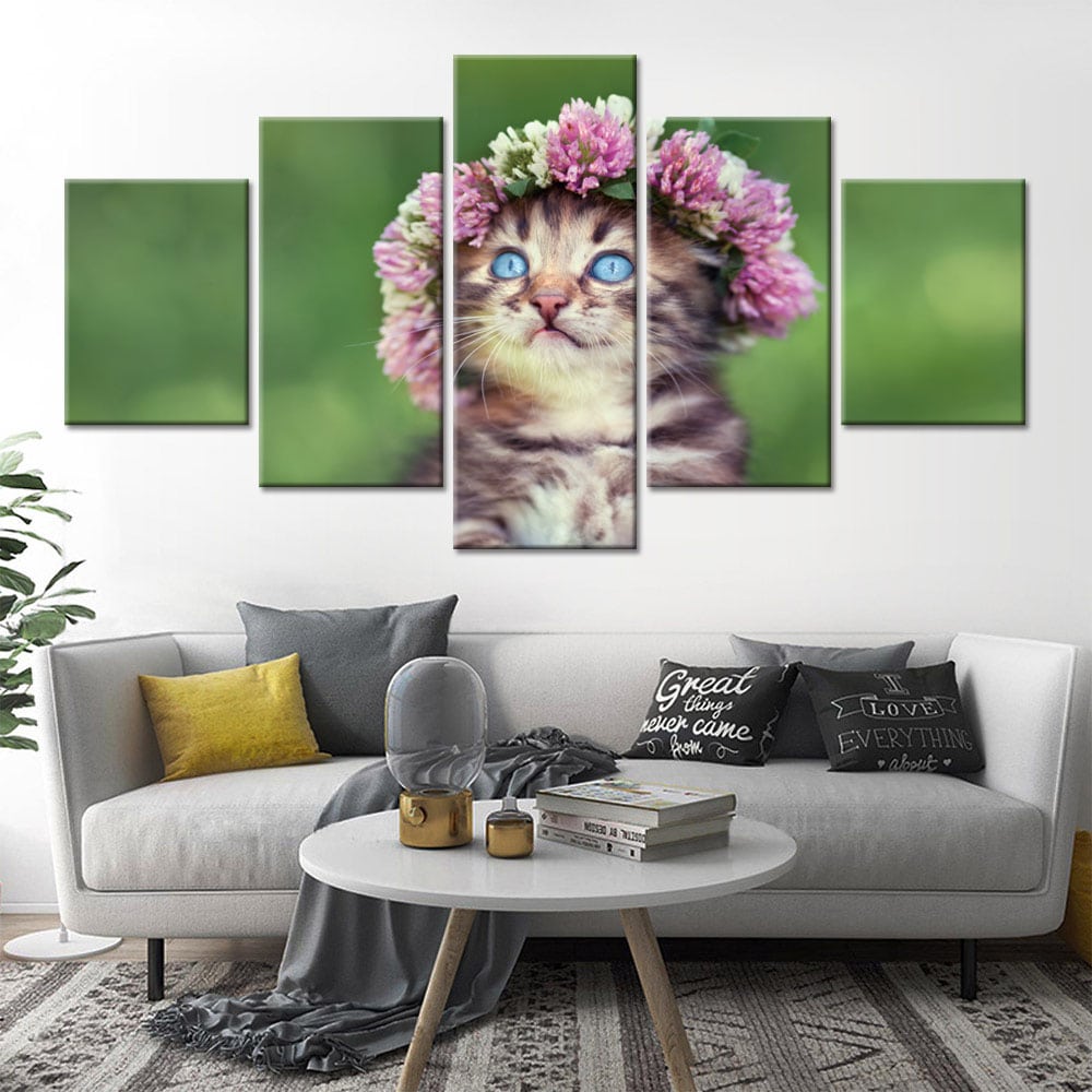 Tableau chat couronne de fleur