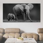 Tableau éléphant et son fils en noir et blanc
