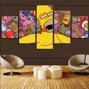 5-teiliges Gemälde Homer Simpson Street Art vor einem ultramodernen Wohnzimmer
