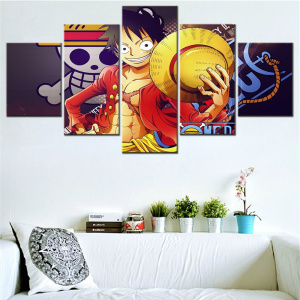 Tableau one piece en 5 partie devant canapé blanc et petits pots de fleurs