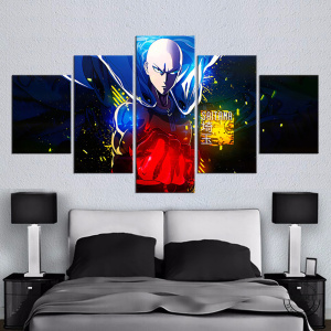 au dessus d'un lit décoré en noir et blanc, un tableau en 5 pièces noir avec le personnage principal de one punch man dans des teintes bleues, rouge et jaune