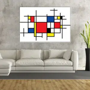Gemälde Mondrian Komposition Large. Gute Qualität, originell, an einer Wand über einem Sofa in einem Wohnzimmer aufgehängt.