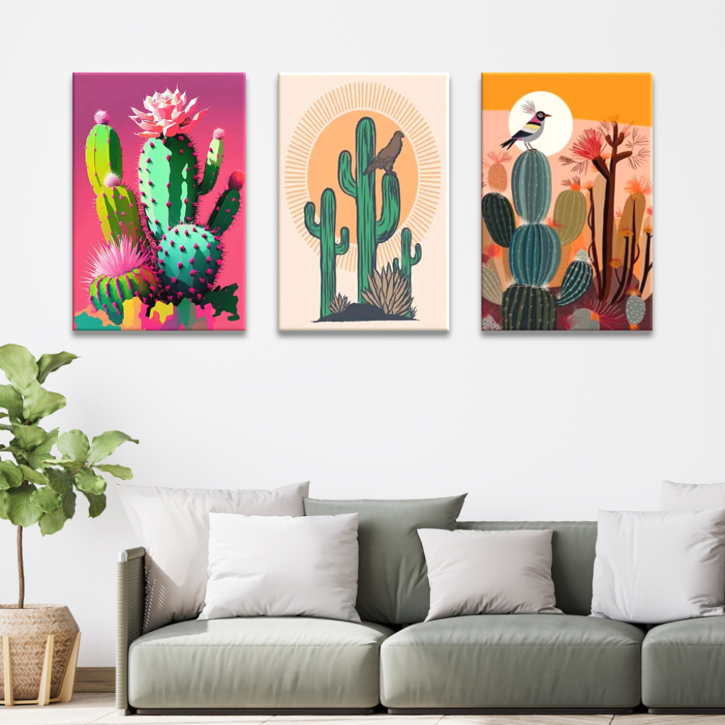 Tableau Mexique cactus pop art accroché dans un salon au-dessus d'un canapé bas dans les tons gris avec coussins blancs et plante verte à côté