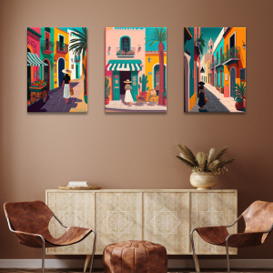 Tableau Mexique promenade en ville accroché dans un séjour au-dessus d'un buffet de bois clair à motifs accompagné de fauteuils en cuir marron