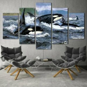 Gemälde Wal Orcas in einer Gruppe. Gute Qualität, originell, hängt an einer Wand über den Sofas in einem Wohnzimmer
