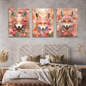 Göttliches Fuchsbild hängt in einem Zimmer über einem Bett mit einem modernen Rattankopfteil und einem Ambiente in Taupe-Tönen