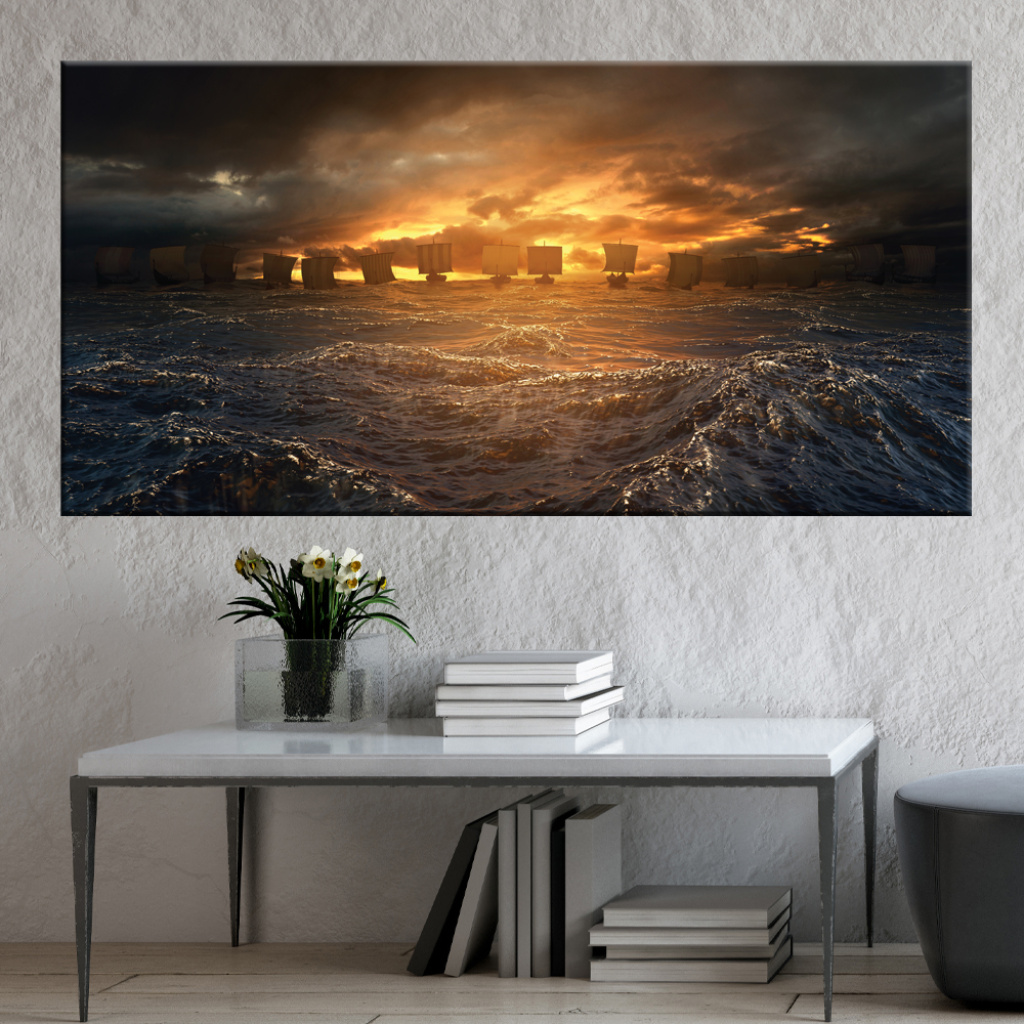 tableau bateaux vikings à l'horizon prdt jpg Tableau bateaux vikings à l'horizon; Bonne qualité, original, accrochée sur un mur au dessus d'un canapé dans un salon. Bonne qualité, original, accrochée sur un mur au dessus d'un canapé dans un salon.